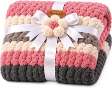 Hand Crochet Adult Blanket Soft Chenille Polyester Blanket 62"x46" Pink Gray