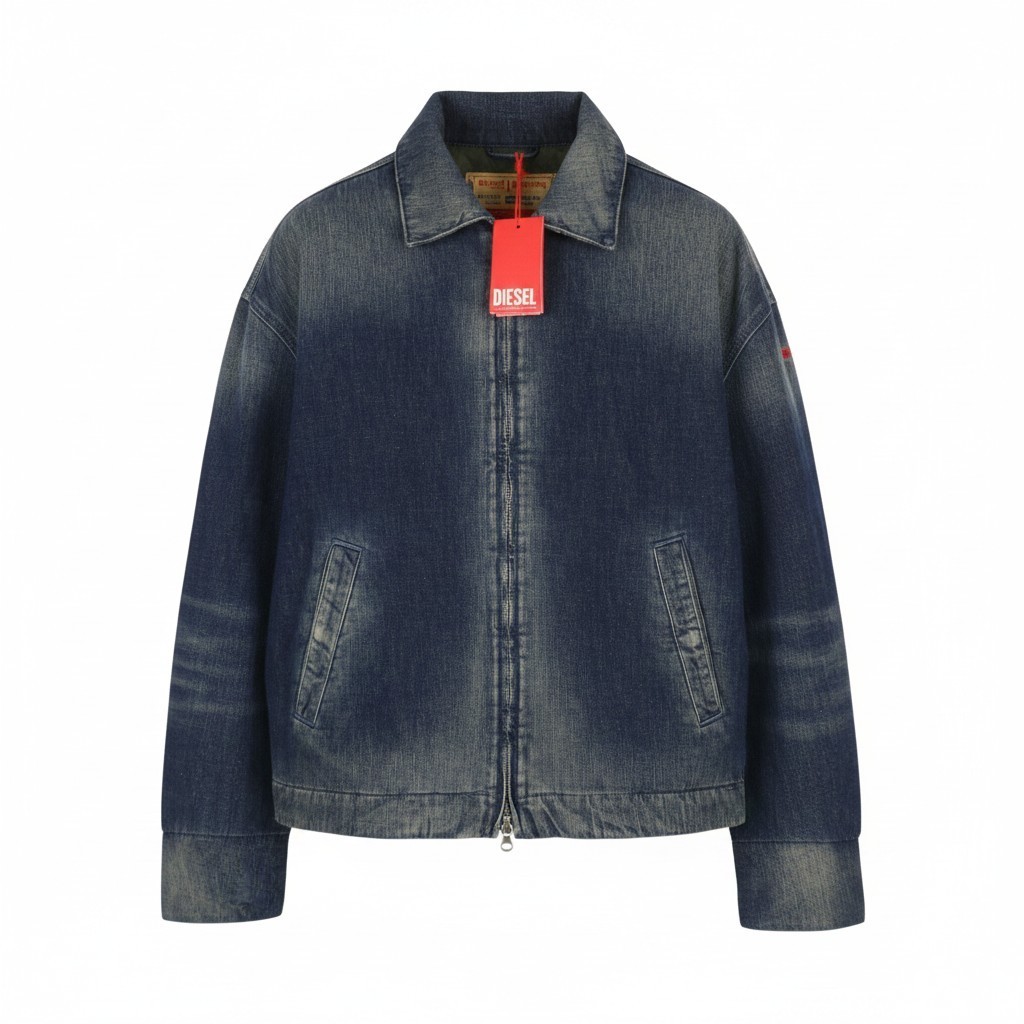 Chaqueta DIESEL D-Stack Hombres L Denim Azul Desteñido Bigotes Acolchada Cremallera Completa PVP450 *