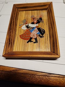 Vintage--Straw/Bamboo/Wicker Art Wall Picture  4 1/2"w X 6"L Polish Dancers
