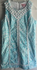 Lilly Pulitzer Dress Child Size 14 Blue MacFarlane Shift Mini White Lace Detail