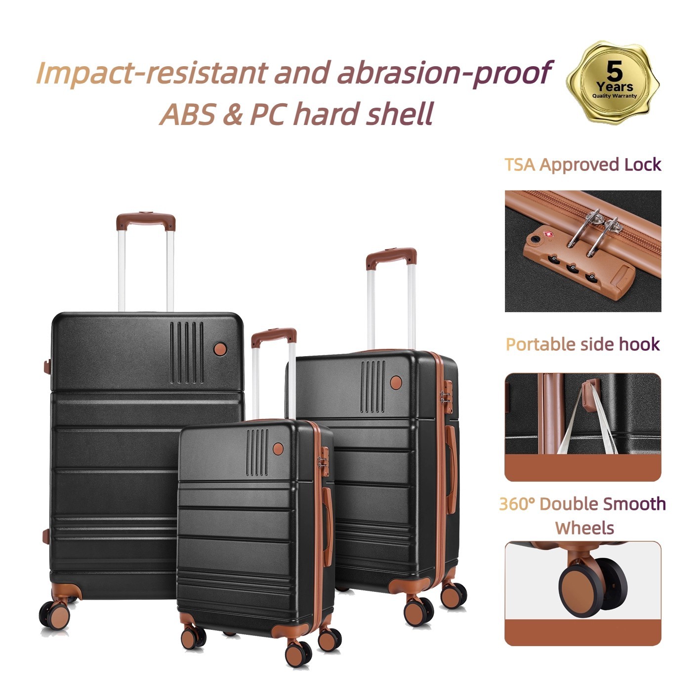 3 Piece Luggage Sets ABS+PC Hard Shell Travel Suitcases with TSA Aproved Lock