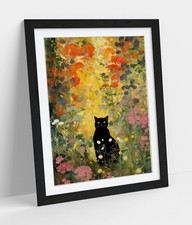 GUSTAV KLIMT SCHWARZE KATZE IM WILDBLUMENGARTEN - GERAHMTES WANDBILD POSTER PAPIERDRUCK