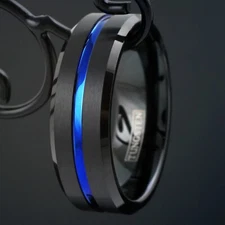 Black Tungsten Carbide Brushed Thin Blue Line Band Ring-Police Law Enforcement