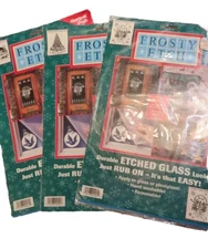 Three Rare Vintage 1995 Frosty Etch Christmas Glass Stick On Chartpak Crafts