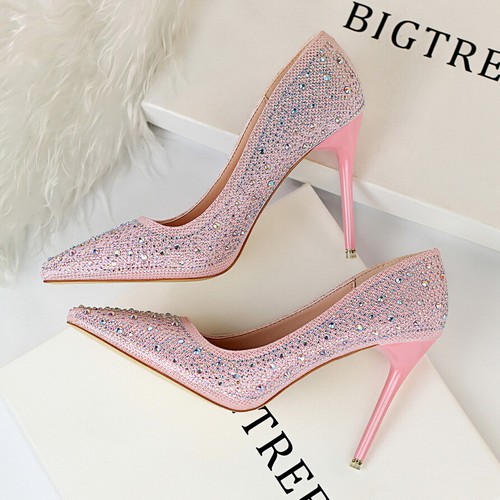 Women's Stilettos Pumps Pointed Toe Rhinestone Heeled Dress Wedding Ladies Shoes - Picture 16 of 24