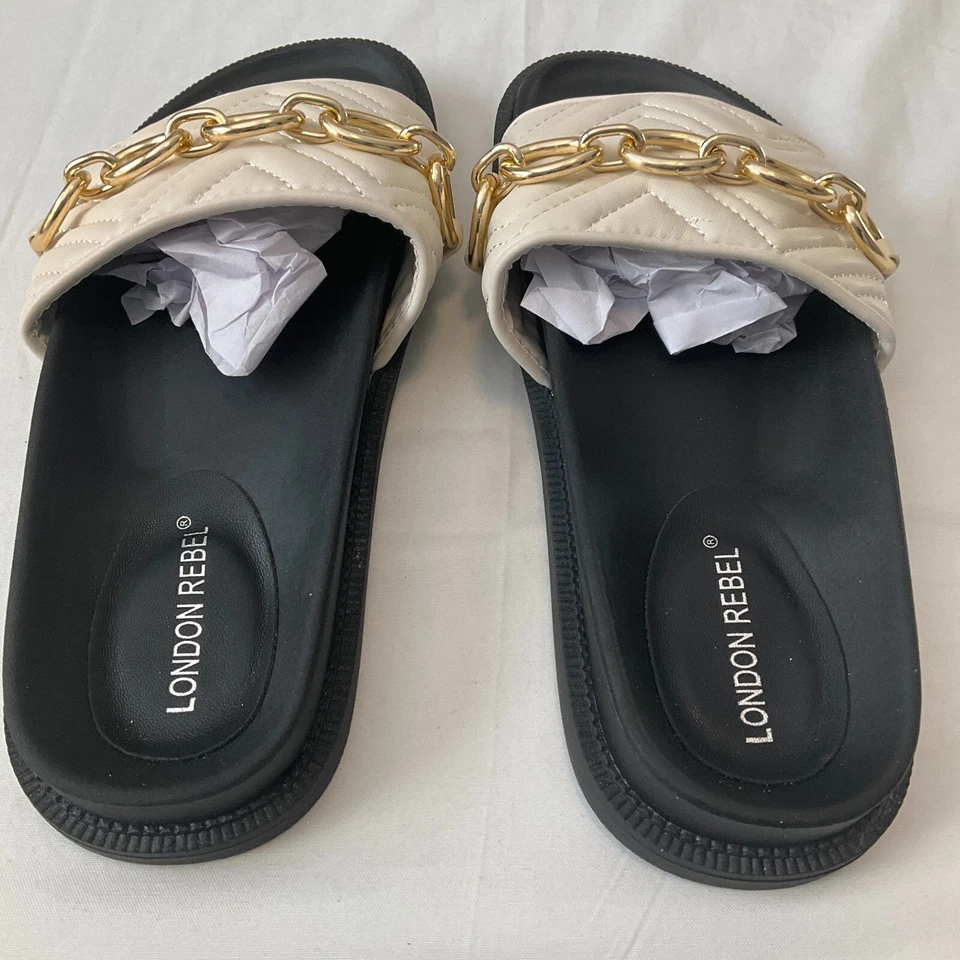 London Rebel Slides Mujer Talla 7 Negro Blanco Cadena Adornada Foto 4 de 4