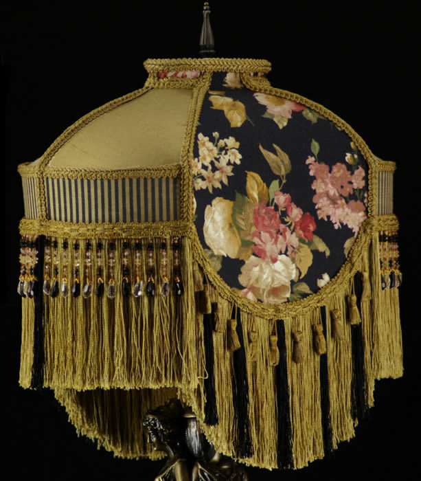 VICTORIAN LAMP SHADE WAVERLY BLACK GOLD SILK FABRIC STRIPES FRINGE ...