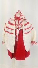Vintage Girls Christmas Dress Red Velvet White Lace Crocheted Sweater Hat Sz 12m