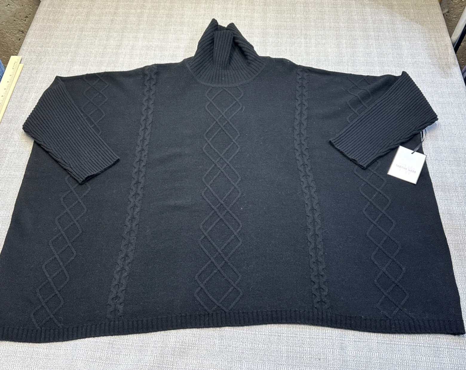 Tabitha Webb Poncho Sweater Womens L / XL Black Cable Knit Turtleneck Wool Blend