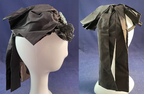 Vintage 1940 Blue Brooch Black Lace Silk Ribbon Fascinator Toy Tilt Cocktail Hat - Picture 3 of 4