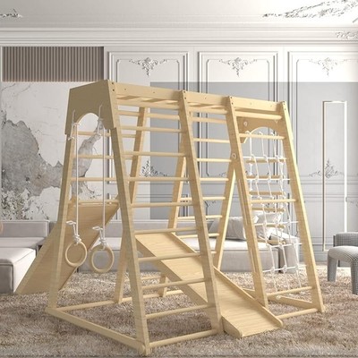 66inch Indoor Jungle Gym, 8-in-1 Wooden Playground Set w/ Swing Rock Climb Wall,