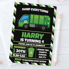 Personalised Bin Truck Birthday Party Invitations Garbage Truck Invites Boy x10