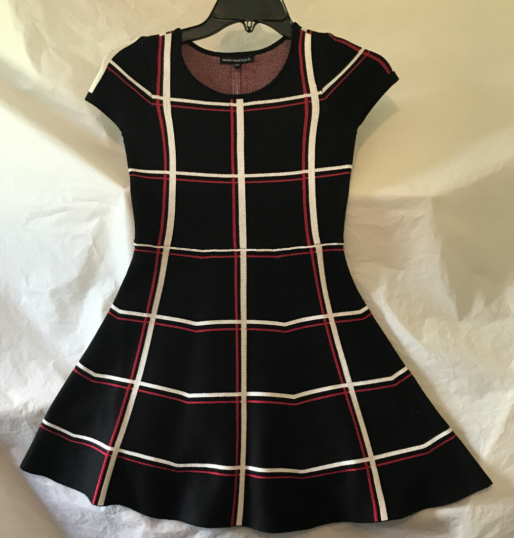 sequin hearts brand dress Sequin Hearts Dress. Black With Red&White Grid. Cap Sleeves. Girls Medium.  NWT