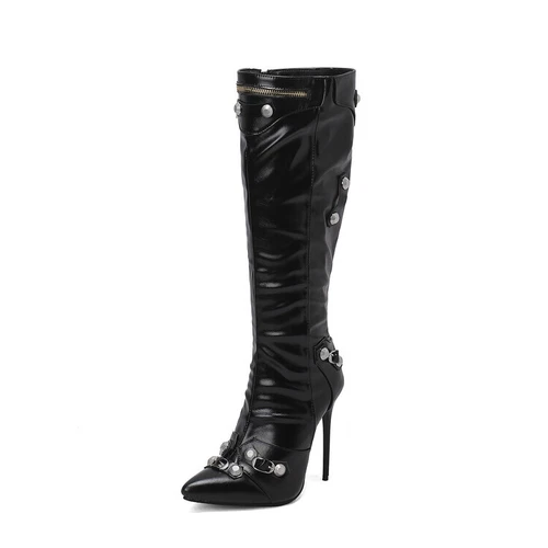 Scarpe Club stivali al ginocchio tacco alto cerniera donna borchie ecopelle taglia US - Foto 8 di 44
