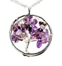 Silver Tone Amethyst Semi Precious Stone Tree Of Life 18" Necklace NEW (#3040)