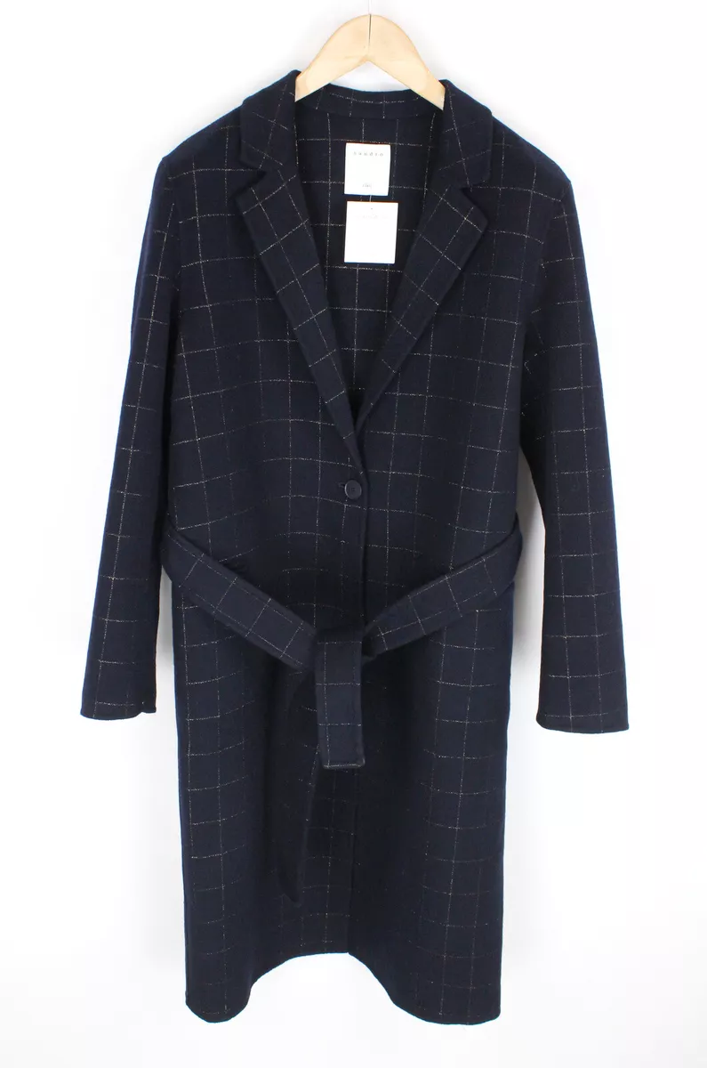 SANDRO Antho Coat Women s EU 40 Long Wool Blend Belted Patterned Check Marino