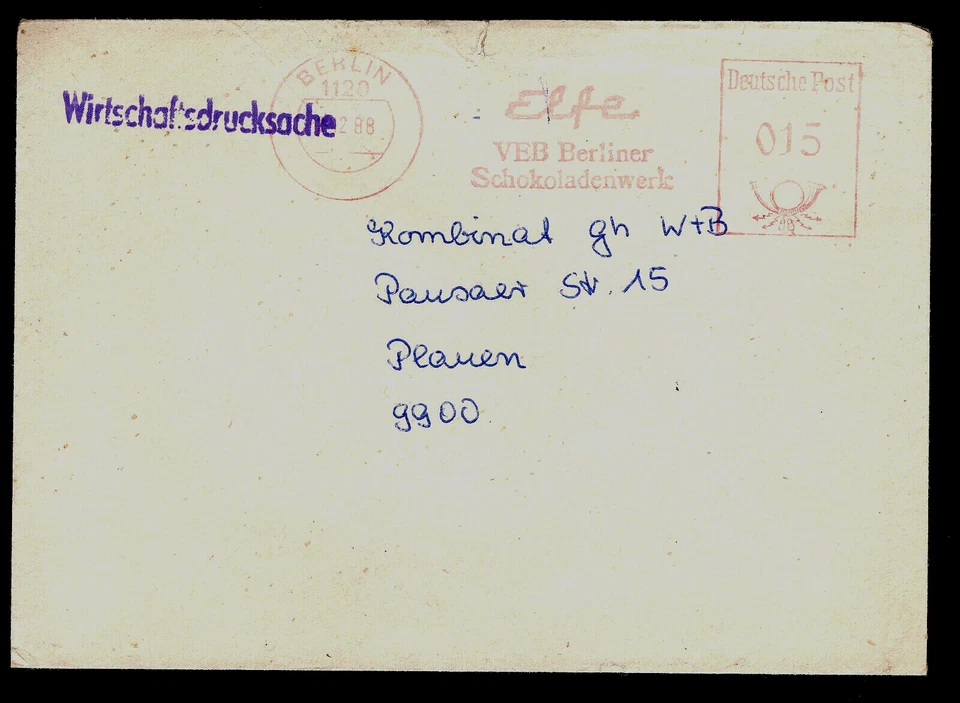 Freistempel "DDR - ELFE VEB Berliner Schoko. " ; Stempel: 1102 Berlin, 12.12.88 - Bild 1 von 1