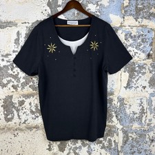 Y2K Blairsport Black Sunburst Embroidered Studded Layered Look Top USA Made XL