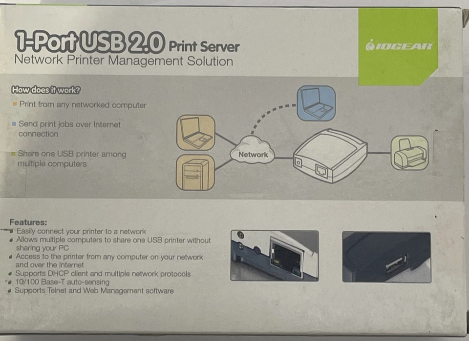 IOGear GPSU21 1-Port USB 2.0 Print Server w/ AC Adapter & USB Cable  New - Image 2 of 3