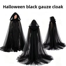Women's Halloween Black Sheer Hooded Cape Witch Vampire Ghost Cosplay Costume