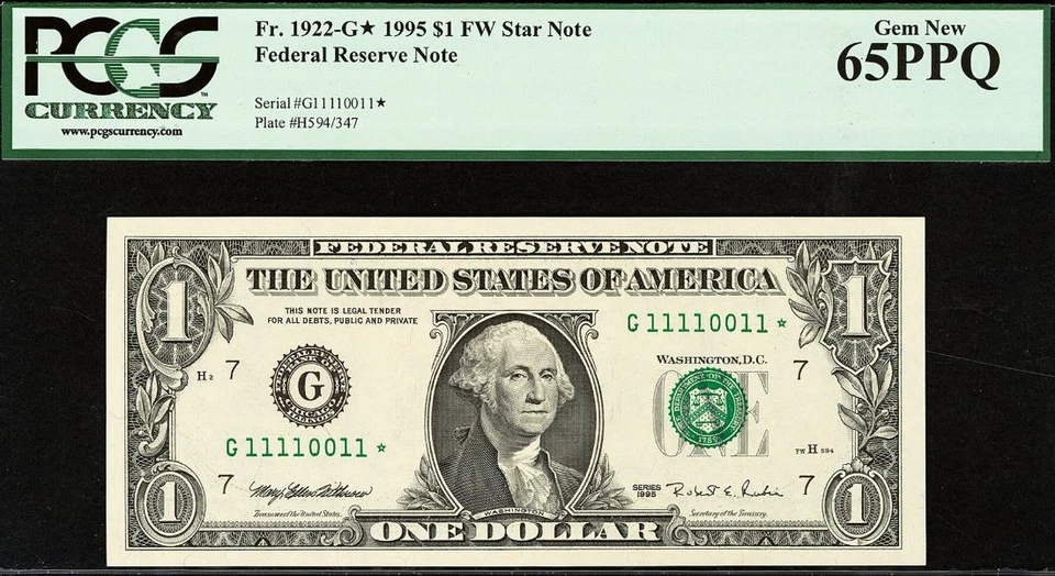 1969B & 1995 $1 FRN PCGS 65PPQ - Matching Binary Serial Number Star 00110000* - Image 4 of 4