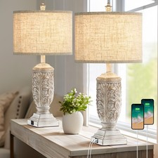 Set of 2 Farmhouse Table Lamps, 27.5'' Tall Rustic Bedside Lamps with USB Por...