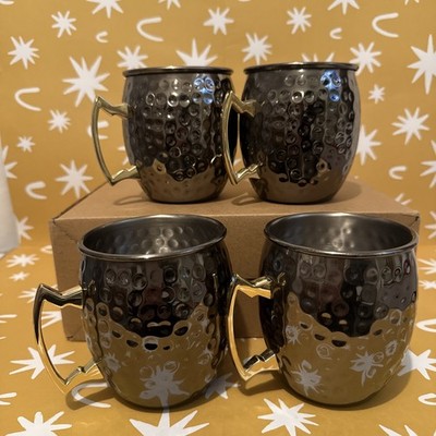 Hammered Stainless Steel Eco One Moscow Mule Mugs, Gold Handles,  Set of 4