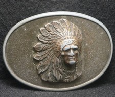 XD11141 VINTAGE 1970s INDIAN CHIEF W/ FULL HEADDRESS NATIVE AMERICAN BELT BUCKLE