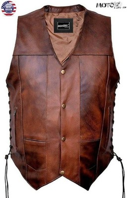 Mens 10 Pockets Concealed Carry Retro Brown Buffalo Hide Leather Vest Side Laces
