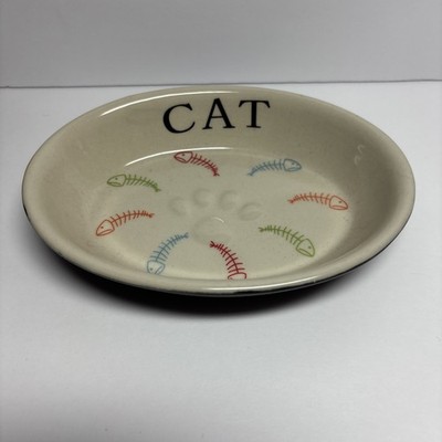 Fido's Diner Cat Bowl Colorful Fish Bones Oval Stoneware 6 Inch Raised Cat Paw