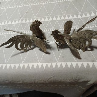 Pair Vintage Metal Fighting Cock Ornaments Silver Tone