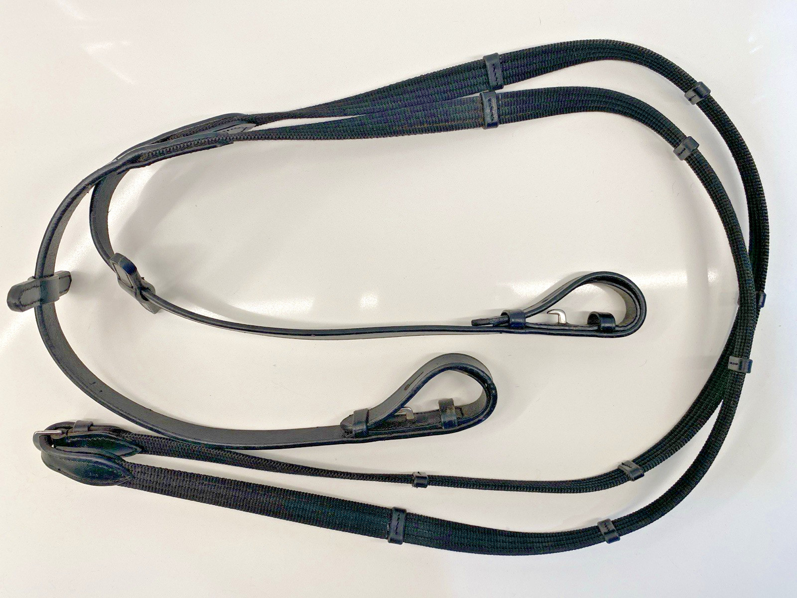 Black English Leather & Cotton Web Hook End Reins 3/4" - Plymouth