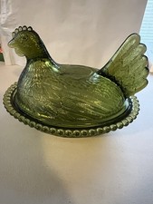 Rare Vintage Indiana Olivie Green Glass Hen On A Nest Dish 7 Inch