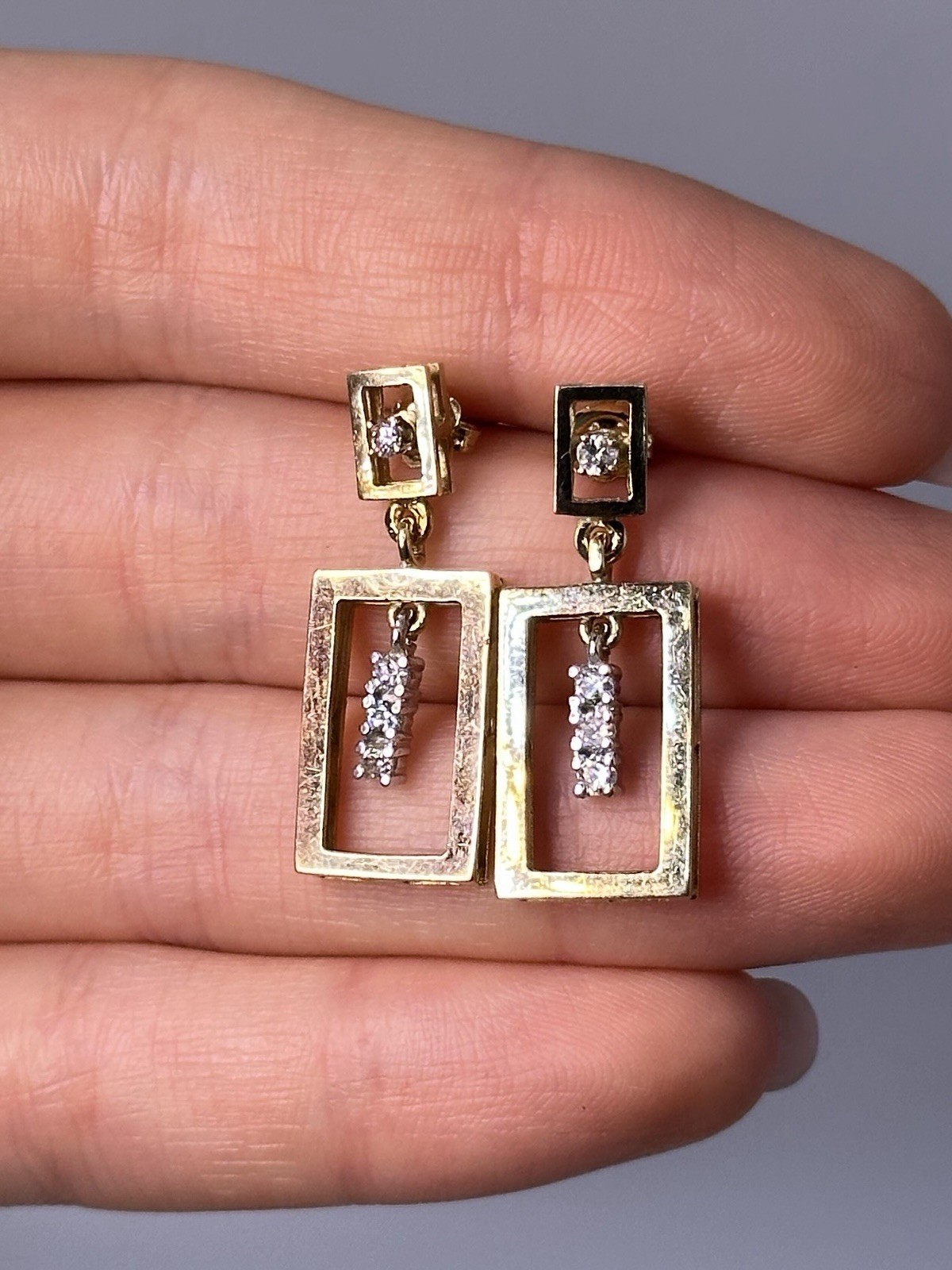 Solid 14K Yellow Gold Rectangular Drop Earrings &… - image 1