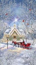 Christmas Church Sleigh Ride Fabric 24" X44" Panel Cotton Timeless Treasures