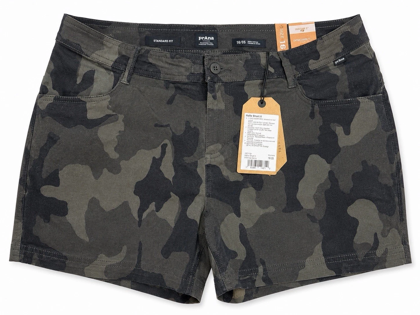 Prana Halle Short II Womens 16 Charcoal Camo 5” Inseam Stretch Hiking NWT