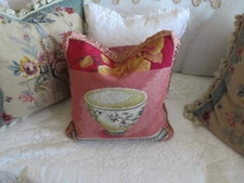Aubusson style Petite Point Needlepoint Pillow Cover Victorian Floral PINK Asian