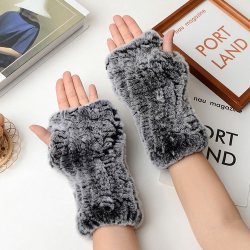 Real Rabbit Fur Knitted Fingerless Elastic Gloves Sleeves Wrist Winter Mittens - Picture 8 of 27