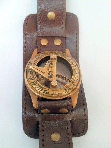 Sundial Wrist Watch Brass Compass & Leather Straps Nautical Steampunk Handmade - Picture 3 of 6