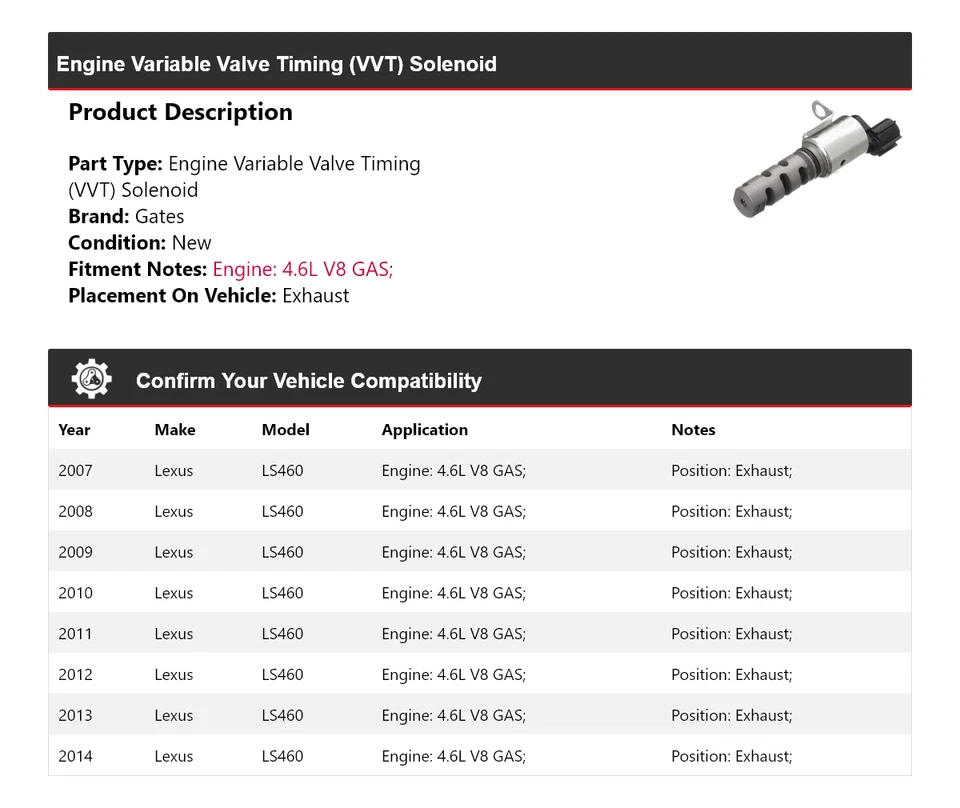 Puertas de escape solenoide VVT 2008 para motor de gasolina V8 de 4,6 L Lexus LS460 2007-2014 Foto 2 de 4