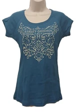 HARLEY DAVIDSON  LADIES WORKED SCROLL STUDS Top SHIRT S/S [NEW]