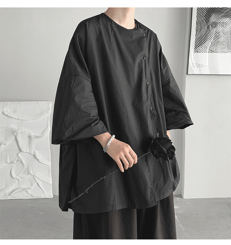 Summer Asymmetrical Seven-Point Sleeve Shirt Mens Button Top T-Shirt Baggy Coat - Bild 23 von 25