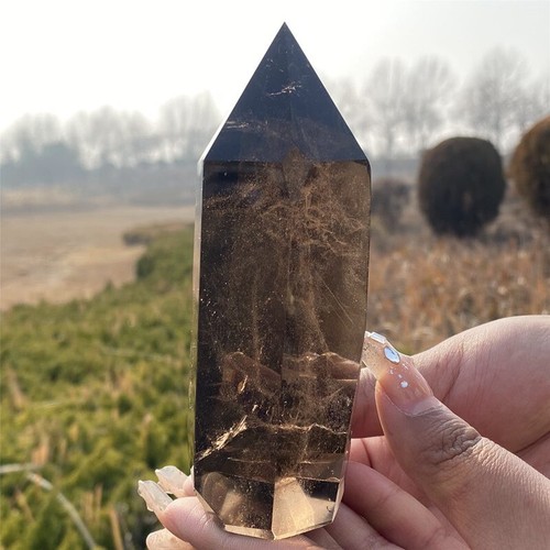 0.88LB Natural Smokey quratz Crystal Obelisk ReikiTower Crystal Wand Point - Picture 8 of 18