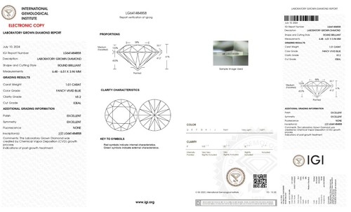 Round 1.01 ct Fancy Vivid Blue VS2 IGI Certified Lab Grown CVD Diamond - Picture 2 of 10