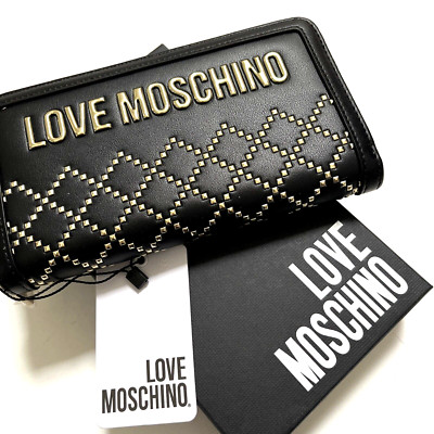 LOVE MOSCHINO Zip Around Long Wallet Black Gold Studded Logo NWT Boxed