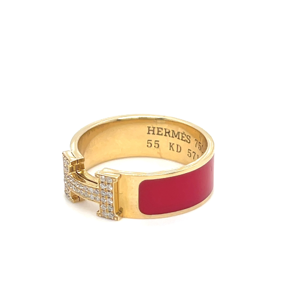 Hermes 18k Yellow Gold Diamond and Red Enamel H Clic Clac Ring