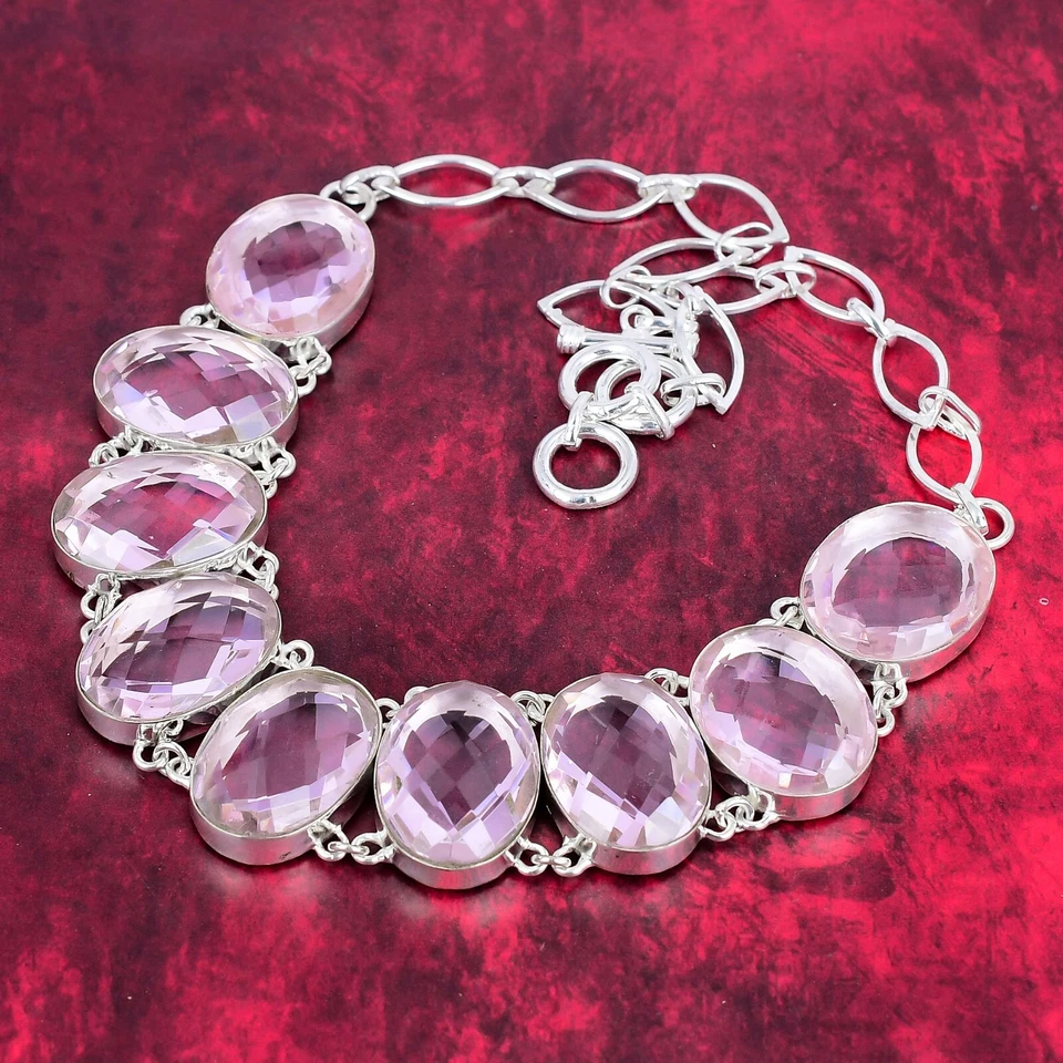 Faceted Pink Kunzite Gemstone Handmade 925 Solid Silver Jewelry Necklace For Her - Image 4 of 4
