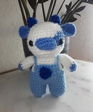 Cute Blueberry Cow w/ Overalls Crocheted Handcrafted Amigurumi 7in w/ Free Gift