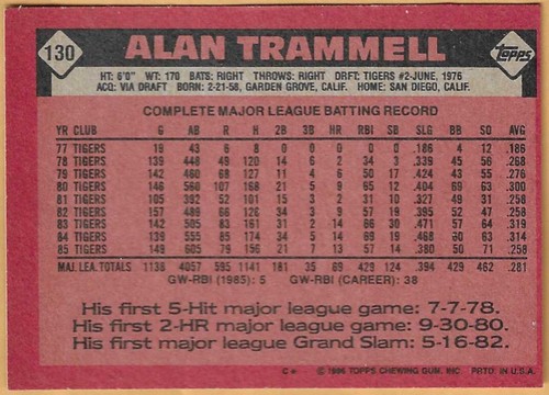 TIGRES DETROIT ALAN TRAMMELL #130 - TOPPS CASI NUEVO- COMO NUEVO 1986 - Imagen 2 de 2