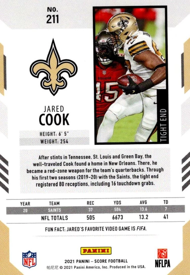 2021 Score Red Jared Cook New Orleans Saints #211 - Image 2 of 2